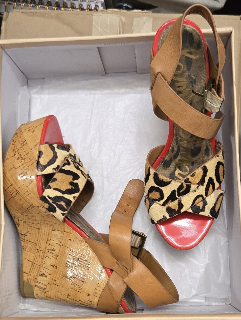 Sam Edelman Leopard Print Cork Wedges with Tan Straps and Red Accents